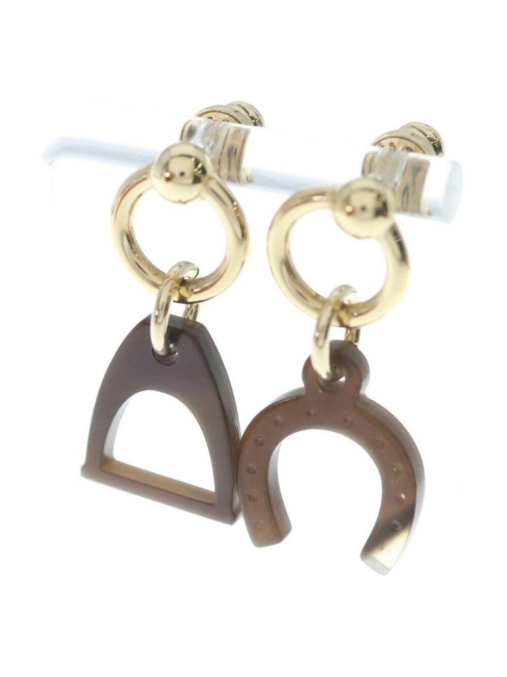 Hermes Equestre Buffalo Horn Earrings Brown Gold